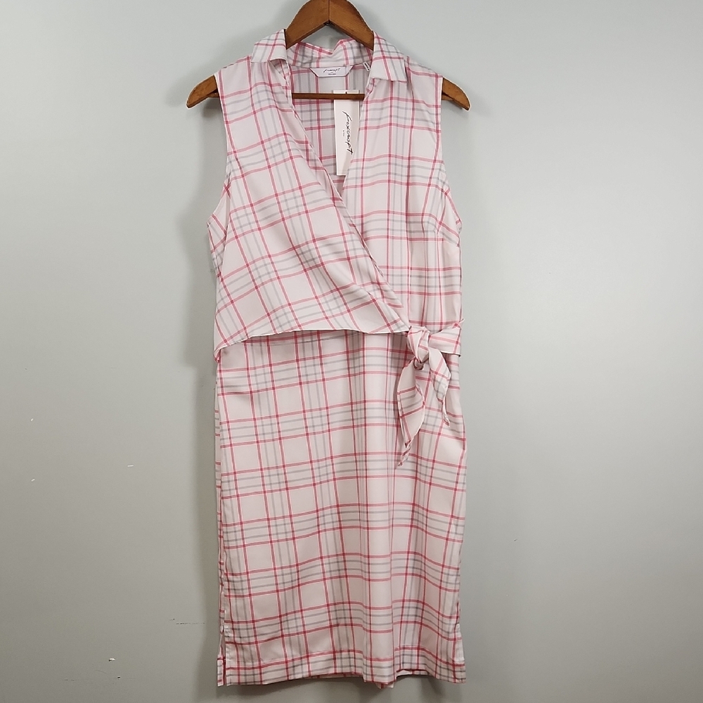 Foxcroft NYC Sleeveless White and Pink Plaid Shirt Wrap Dress